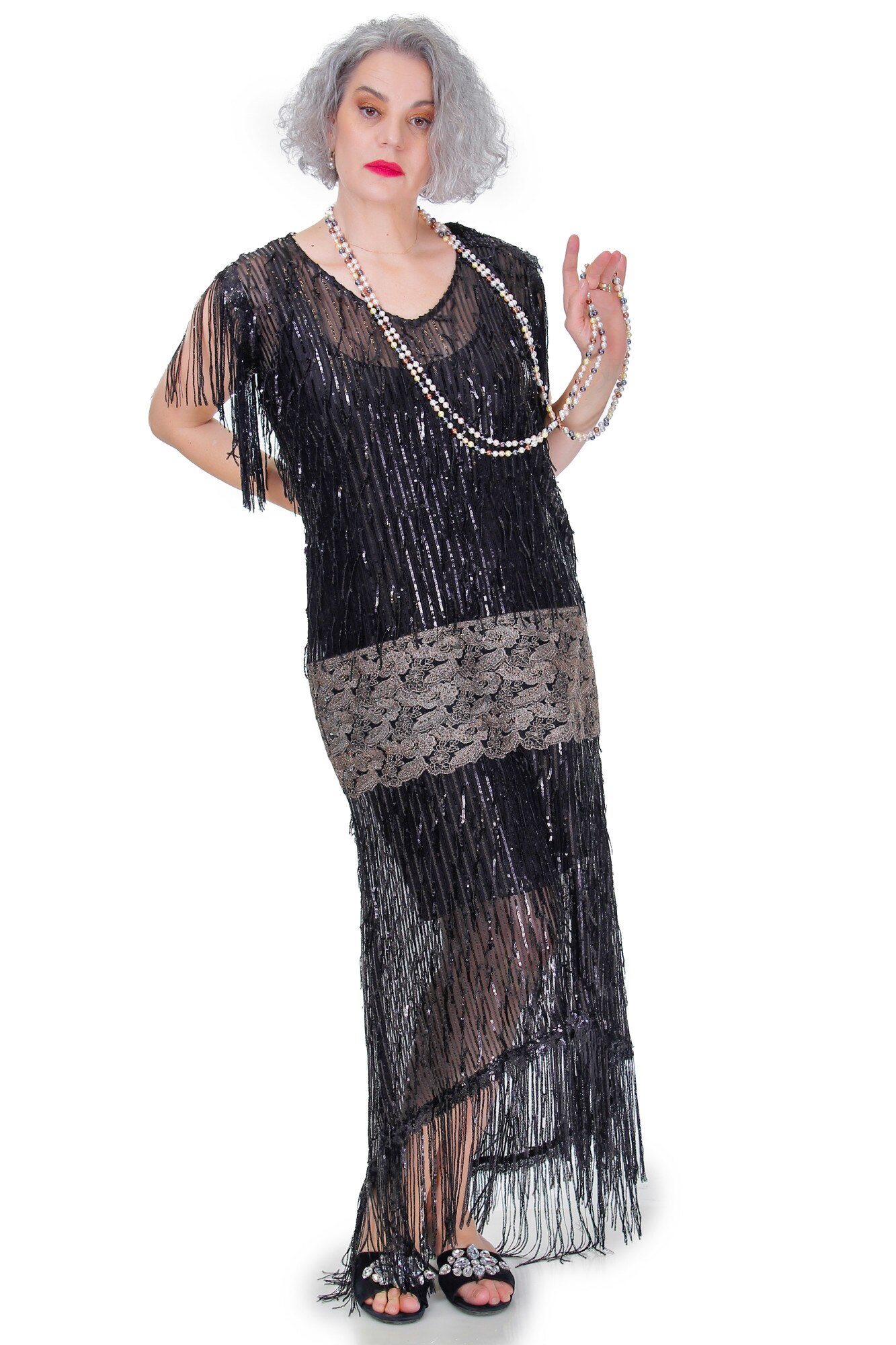 Rochie neagra tull paietat, Liza Panait, R2308